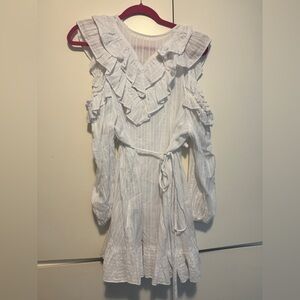 Style Nanda White Ruffle mini Dress Shoulder opening from Korea